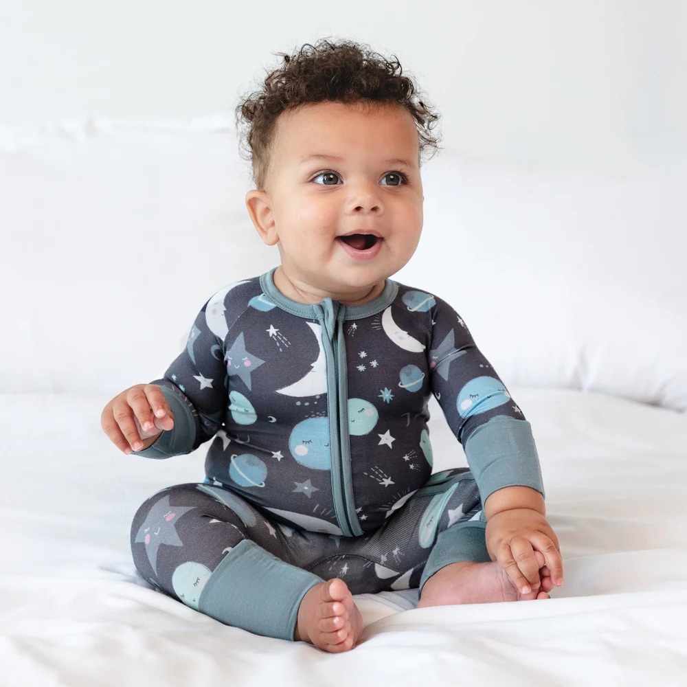 Little Sleepies Gray and Blue Footies with Space-Themed Design